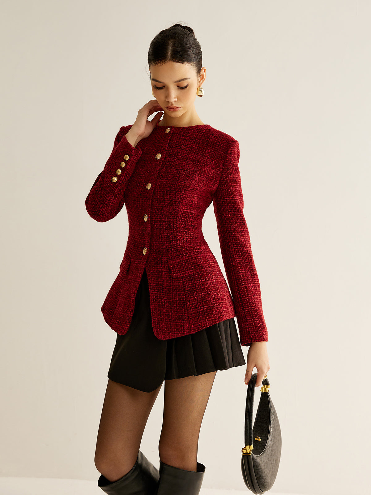Blouse met knopen en split, tweed blazer