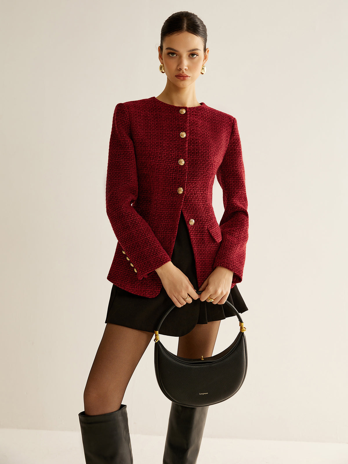 Blouse met knopen en split, tweed blazer