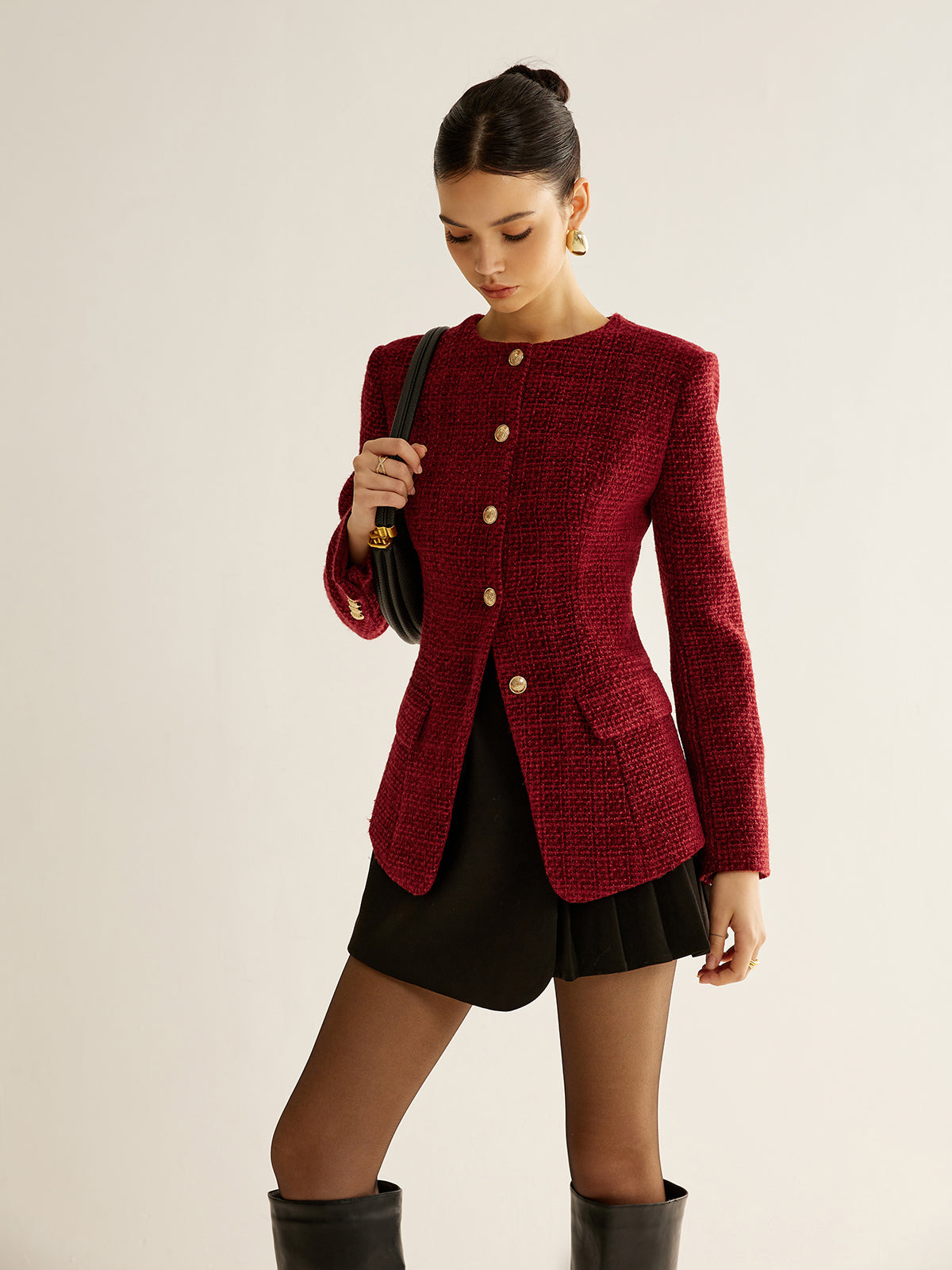 Blouse met knopen en split, tweed blazer