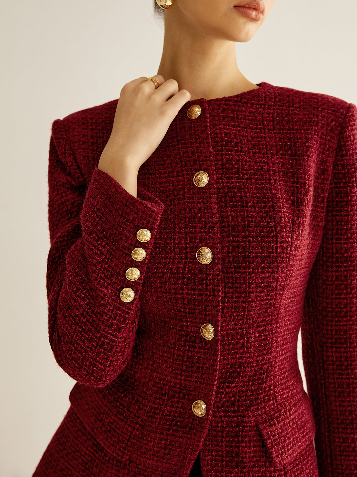 Blouse met knopen en split, tweed blazer