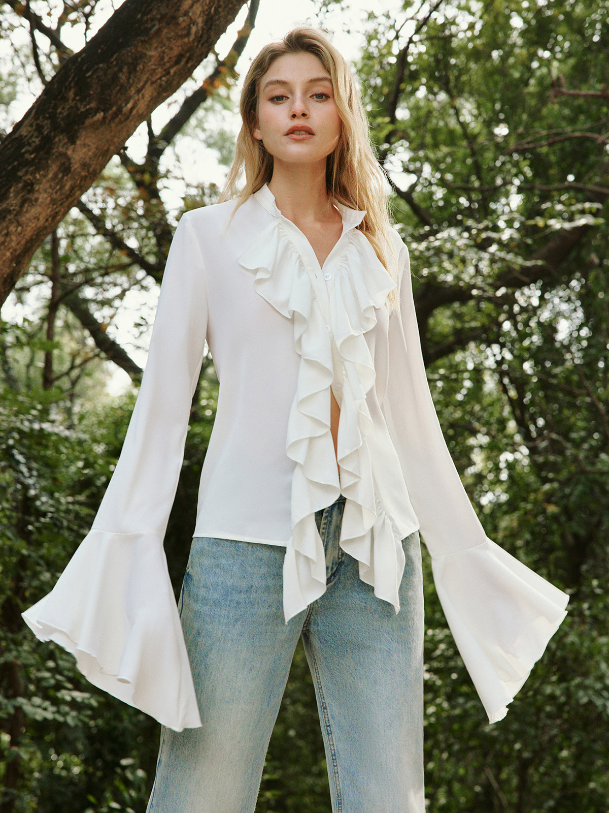 Button Ruffle Thin Blouse