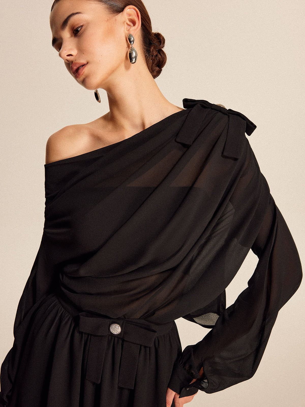 Chiffon One-Shoulder Bow Detail Top