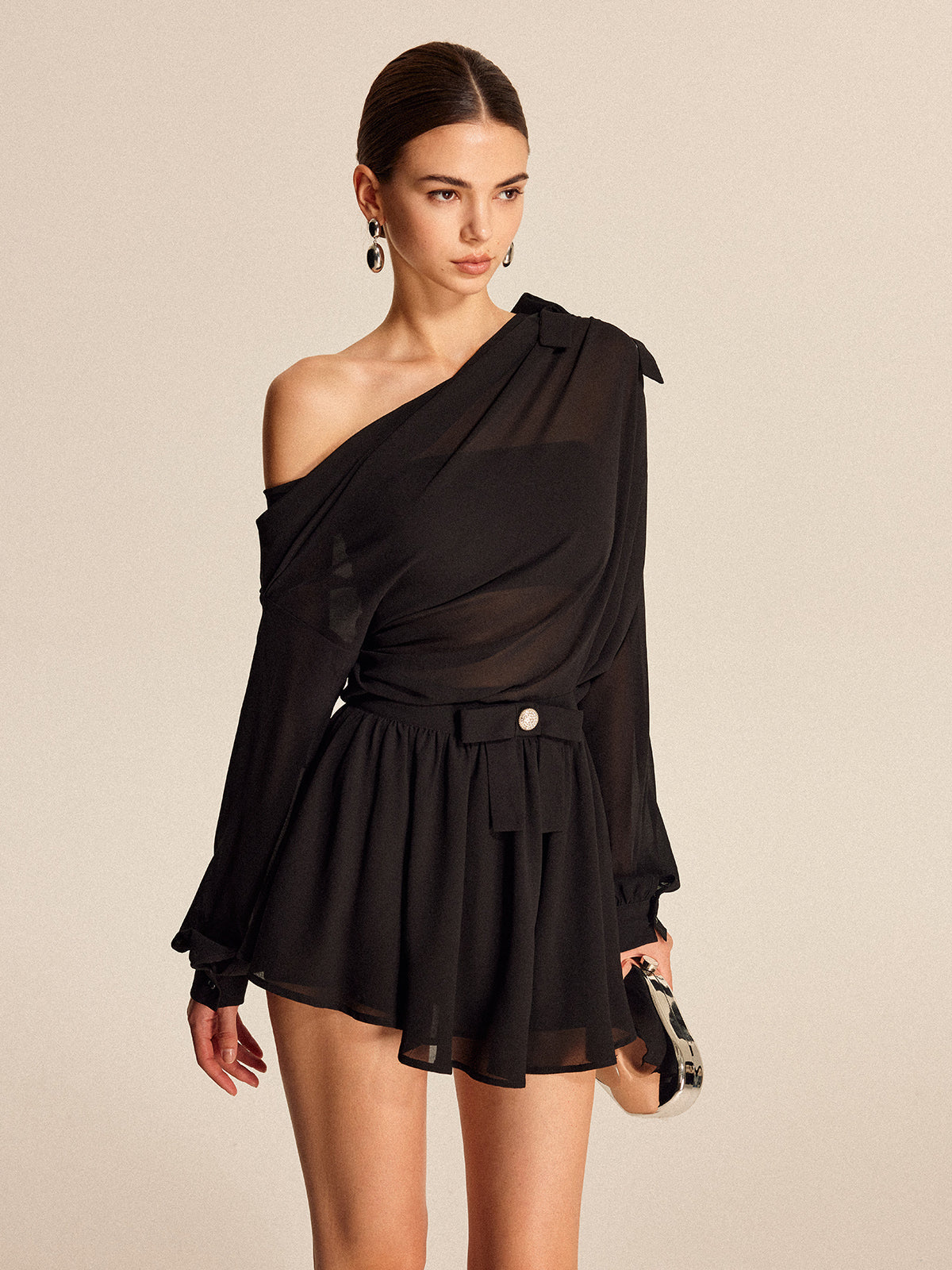 Chiffon One-Shoulder Bow Detail Top