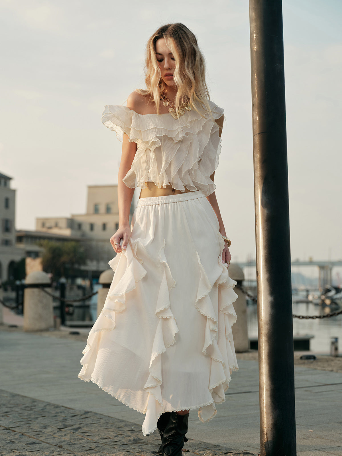 Chiffon One-Shoulder Ruffle Top