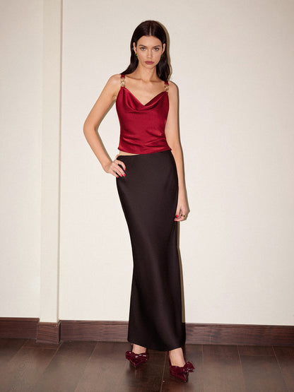 Cowl Neck Metal-Detail Satin Cami Top