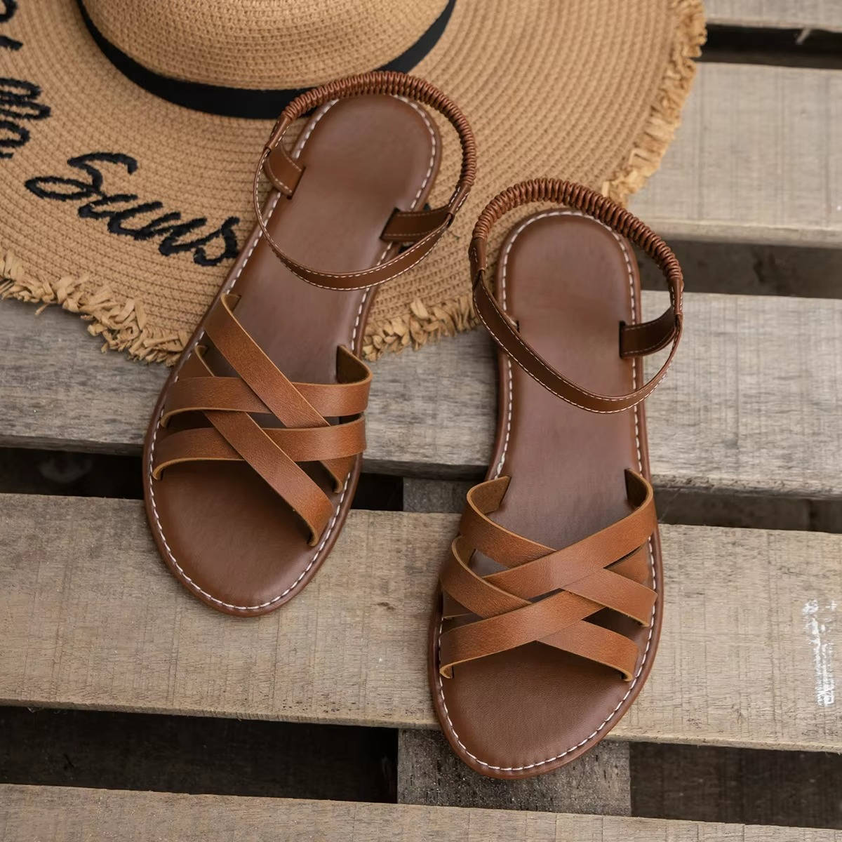 Women's Tan Leather Strappy Sandals