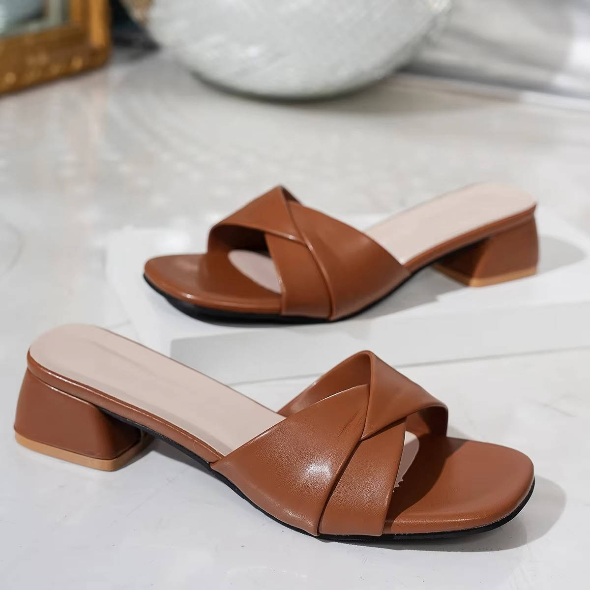 Women's Twisted Leather Strap Slides With Low Block Heel
