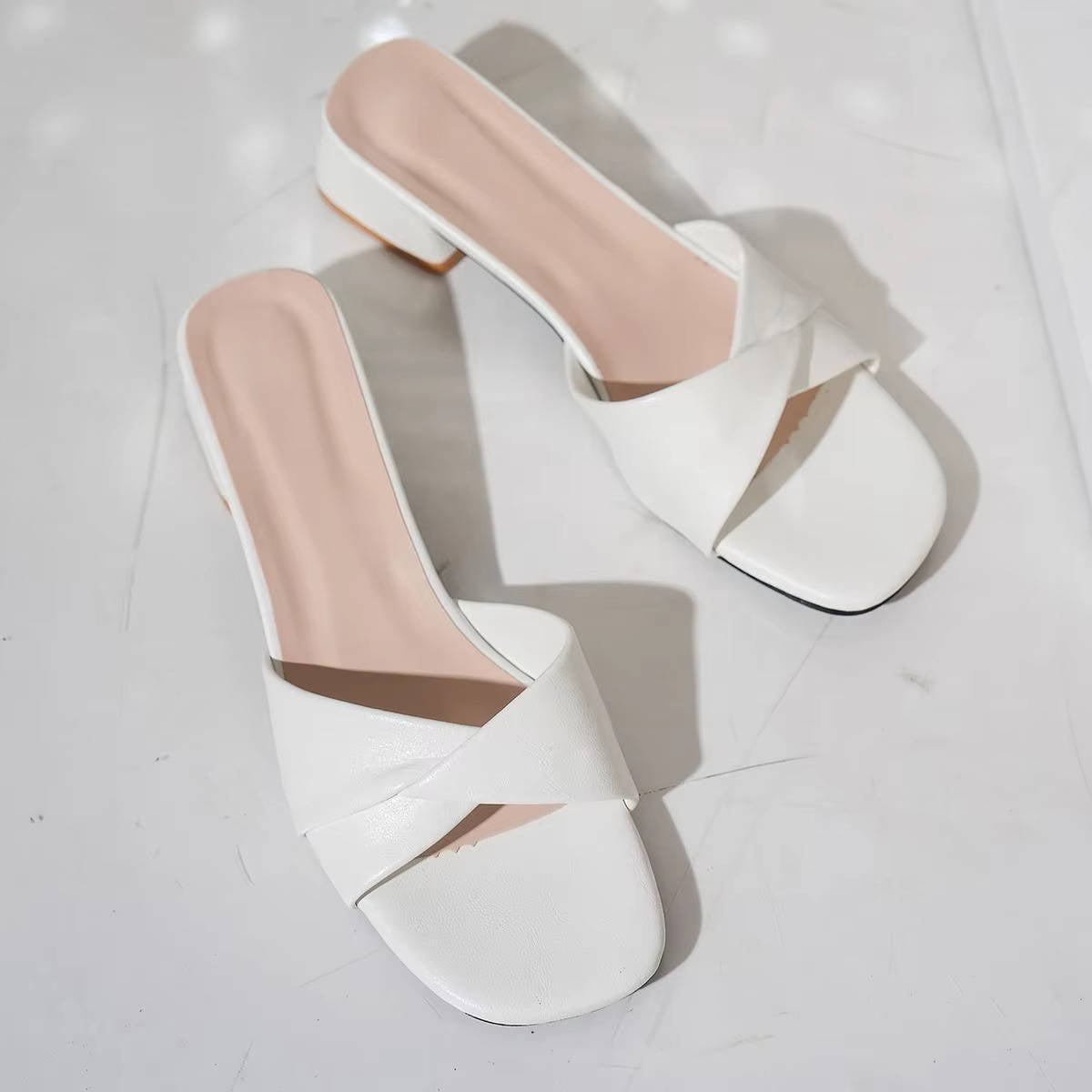 Women's Twisted Leather Strap Slides With Low Block Heel