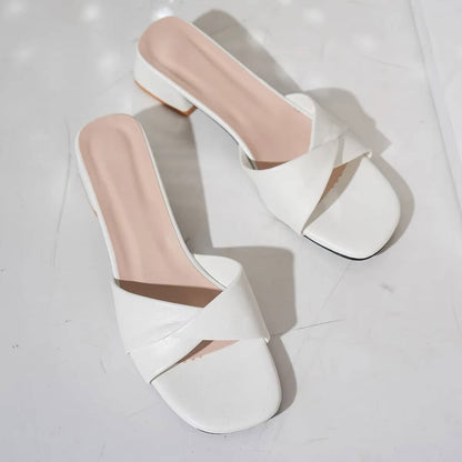Women's Twisted Leather Strap Slides With Low Block Heel