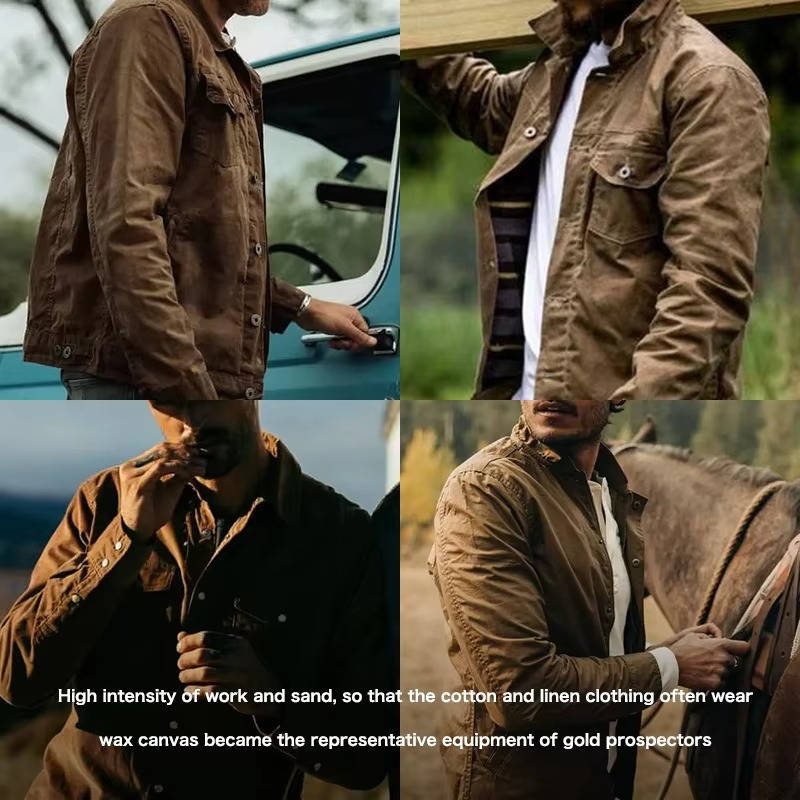 Men's Vintage Brown Waxed Cotton Jacket With Front Flap Pockets