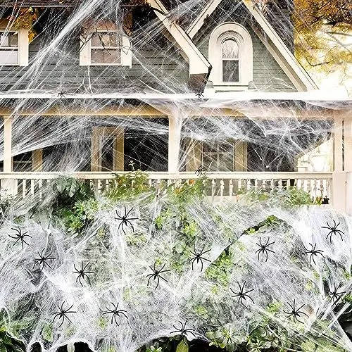 Spider Webs with Spiders 200 sq ft, Giant Spider Web Halloween Door Decoration, Halloween Party Decor with Fake Spiders – Ventayo