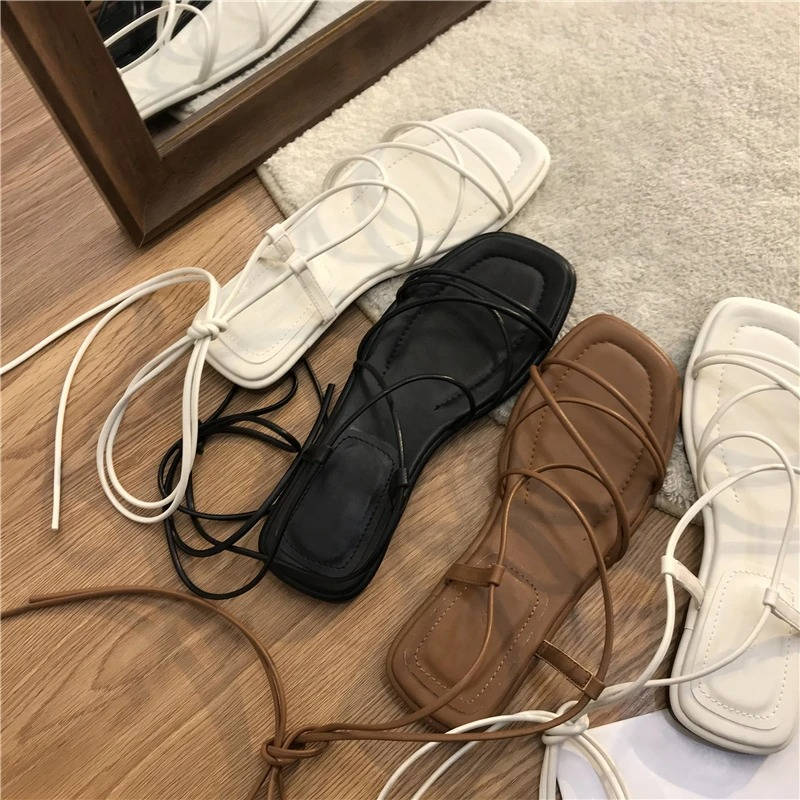 Women's Strappy Lace Up Flat Sandals