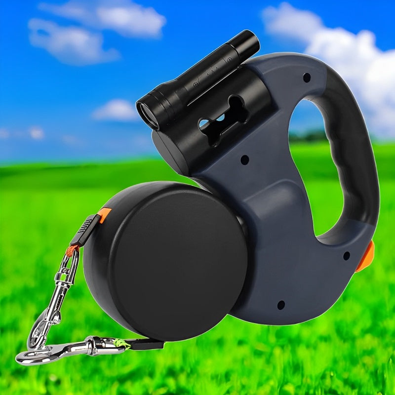 10FT Dual Retractable Dog Leash with Built-In Flashlight & Waste Bag Holder