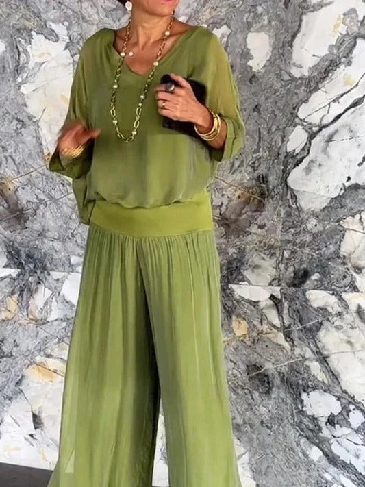Elegant two-piece wide-leg chiffon pants