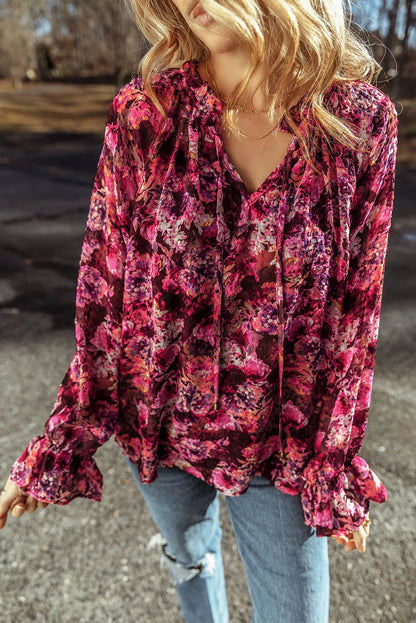 Printed Tie Neck Ruffle Sleeve Blouse