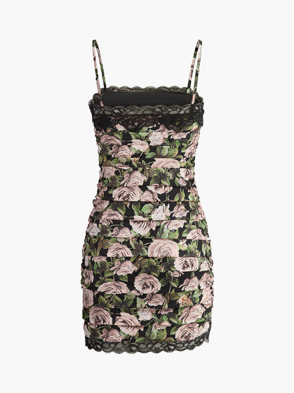 Floral Lace-Trim Ruched Dress