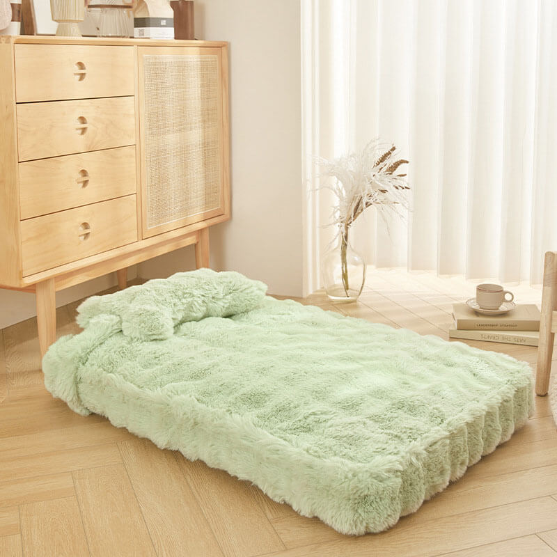 Cuddly, fluffy plush dog bed with pillow