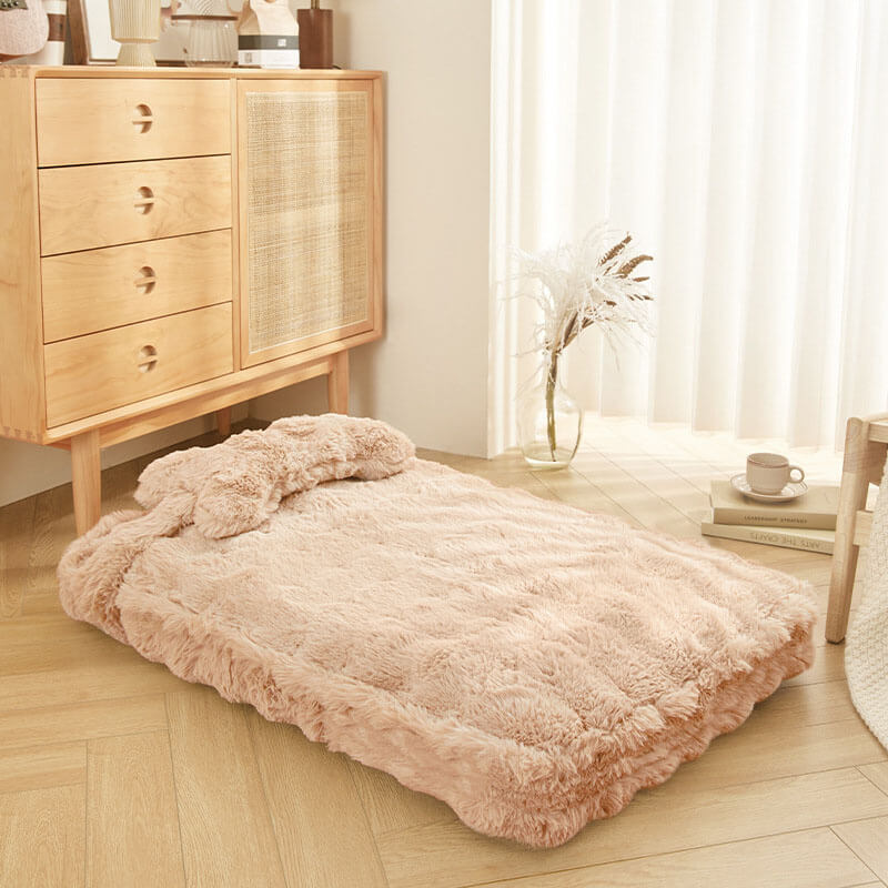 Cuddly, fluffy plush dog bed with pillow