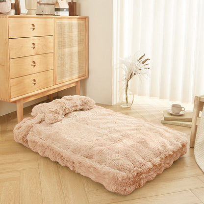 Cuddly, fluffy plush dog bed with pillow