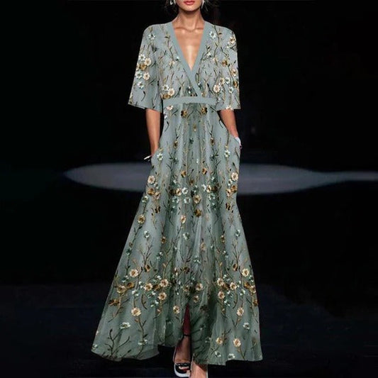 Green Long Dress with Half Sleeves