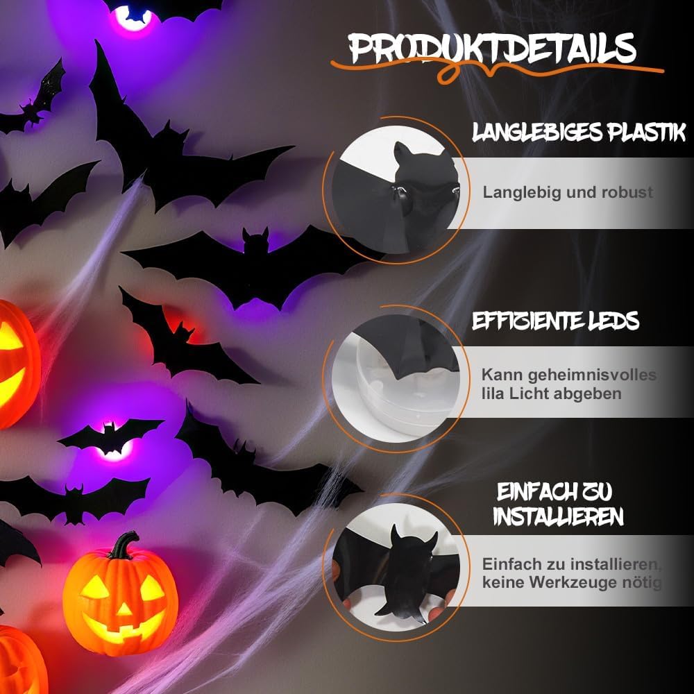 Halloween 3D Wall Decor 104 Pack, Halloween Bats Spiders and Ghost Decorations with LED Lights, Halloween Indoor Decor – Ventayo