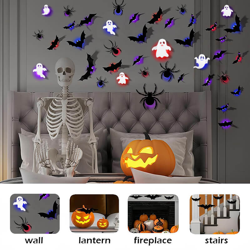 Halloween 3D Wall Decor 104 Pack, Halloween Bats Spiders and Ghost Decorations with LED Lights, Halloween Indoor Decor – Ventayo