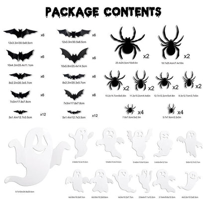 Halloween 3D Wall Decor 104 Pack, Halloween Bats Spiders and Ghost Decorations with LED Lights, Halloween Indoor Decor – Ventayo