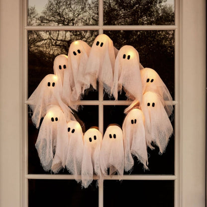 Halloween Wreath with Lights, Ghost Wreath with 12 Battery Operated LED Ghosts, Halloween Front Door Decor, Halloween Window Decor – Ventayo