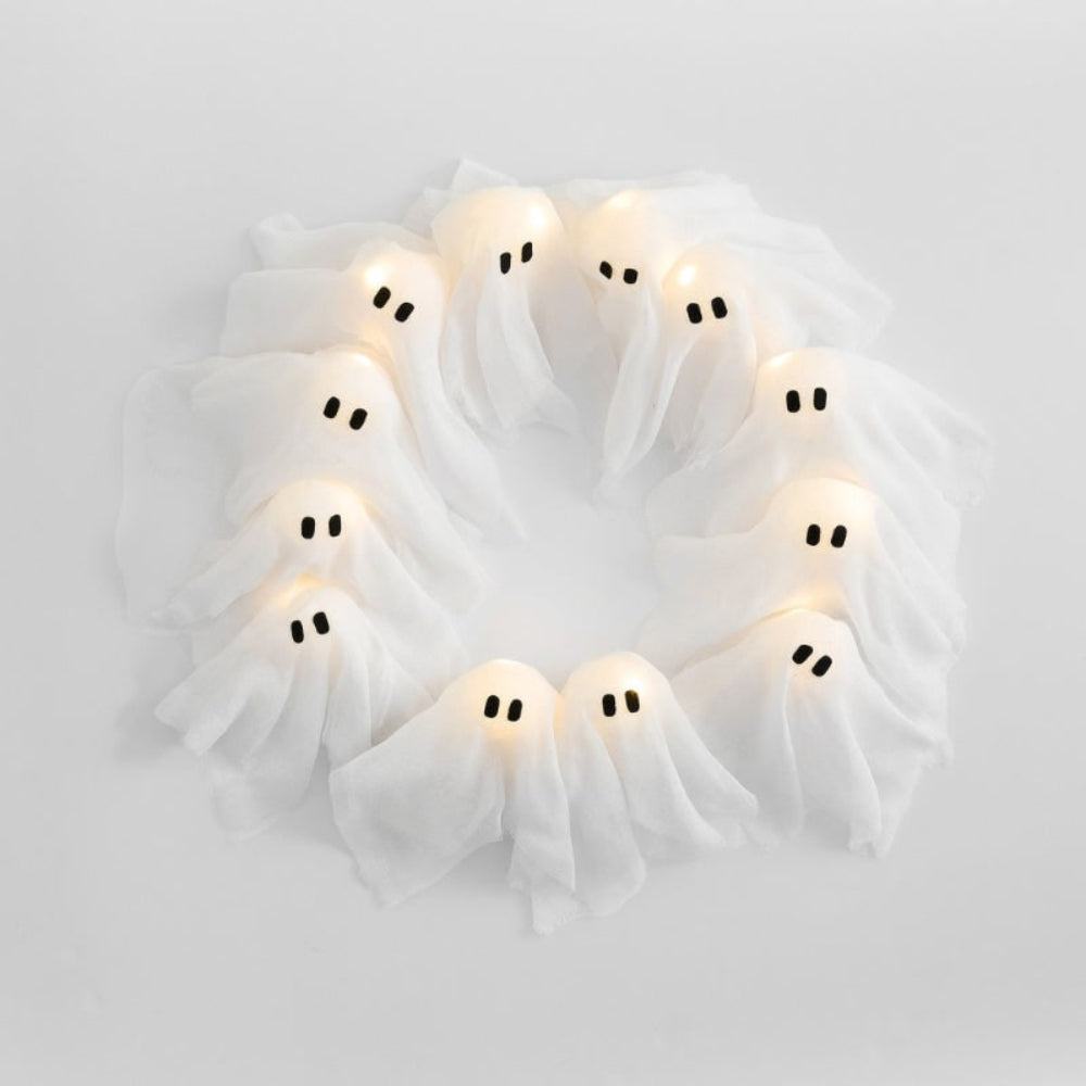 Halloween Wreath with Lights, Ghost Wreath with 12 Battery Operated LED Ghosts, Halloween Front Door Decor, Halloween Window Decor – Ventayo