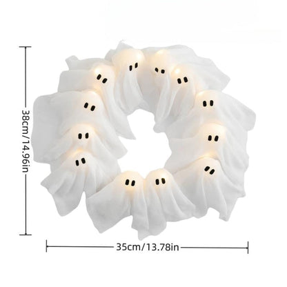Halloween Wreath with Lights, Ghost Wreath with 12 Battery Operated LED Ghosts, Halloween Front Door Decor, Halloween Window Decor – Ventayo