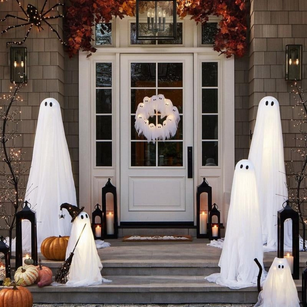Halloween Wreath with Lights, Ghost Wreath with 12 Battery Operated LED Ghosts, Halloween Front Door Decor, Halloween Window Decor – Ventayo