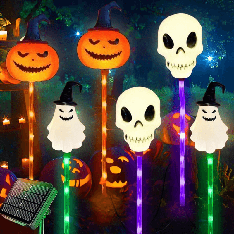Halloween Outdoor Solar Lights 6 Pack, Solar Pathway Lights with Pumpkin Ghost and Skull Stakes, Outdoor Halloween Decor – Ventayo