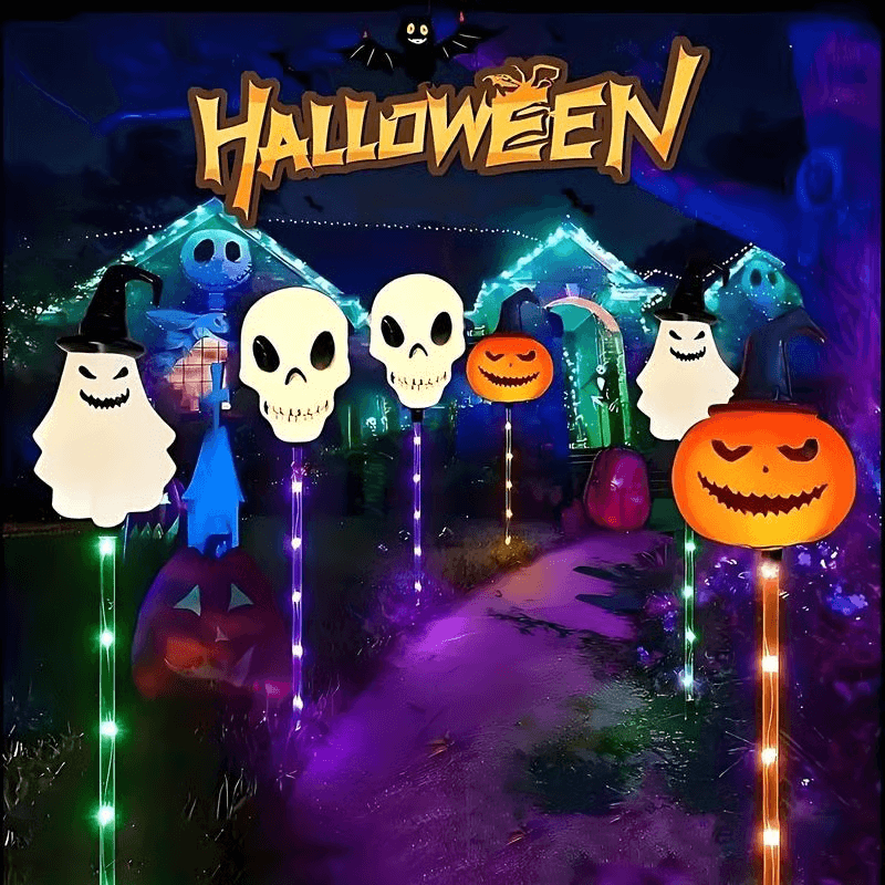 Halloween Outdoor Solar Lights 6 Pack, Solar Pathway Lights with Pumpkin Ghost and Skull Stakes, Outdoor Halloween Decor – Ventayo