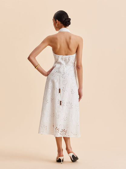 Halter Neck Eyelet Belted Midi Dress