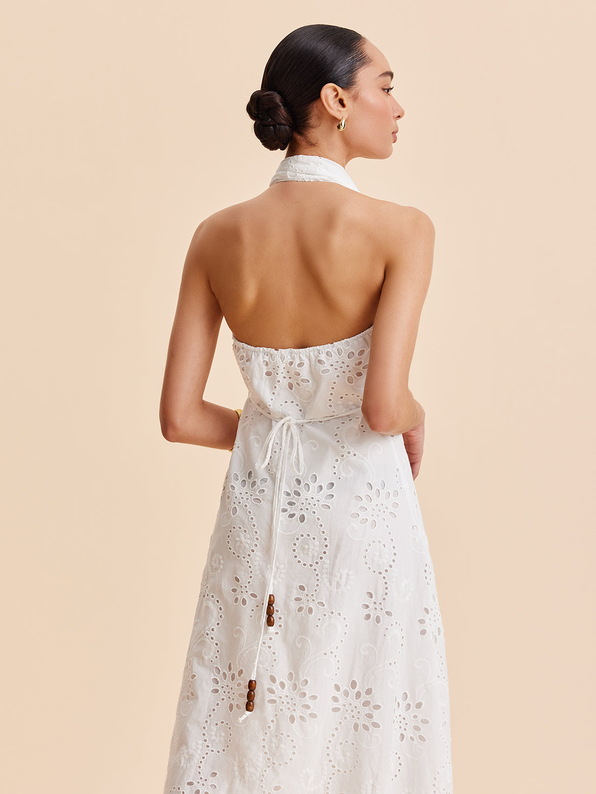 Halter Neck Eyelet Belted Midi Dress