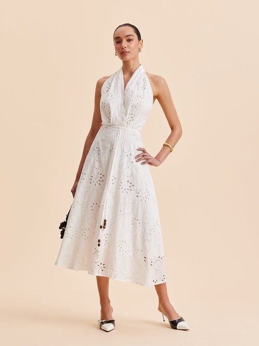 Halter Neck Eyelet Belted Midi Dress