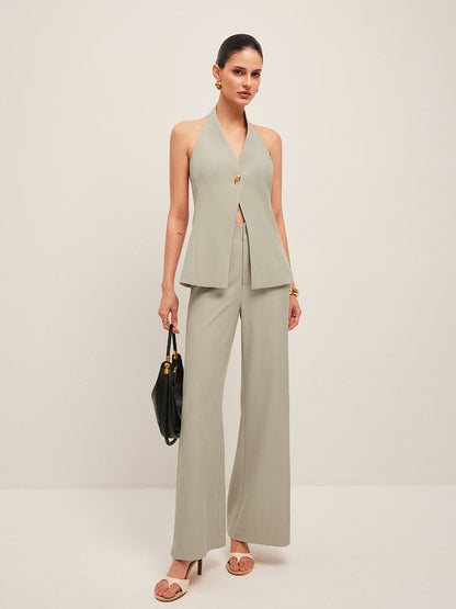 Halter Neck Metal Button Detail Backless Vest