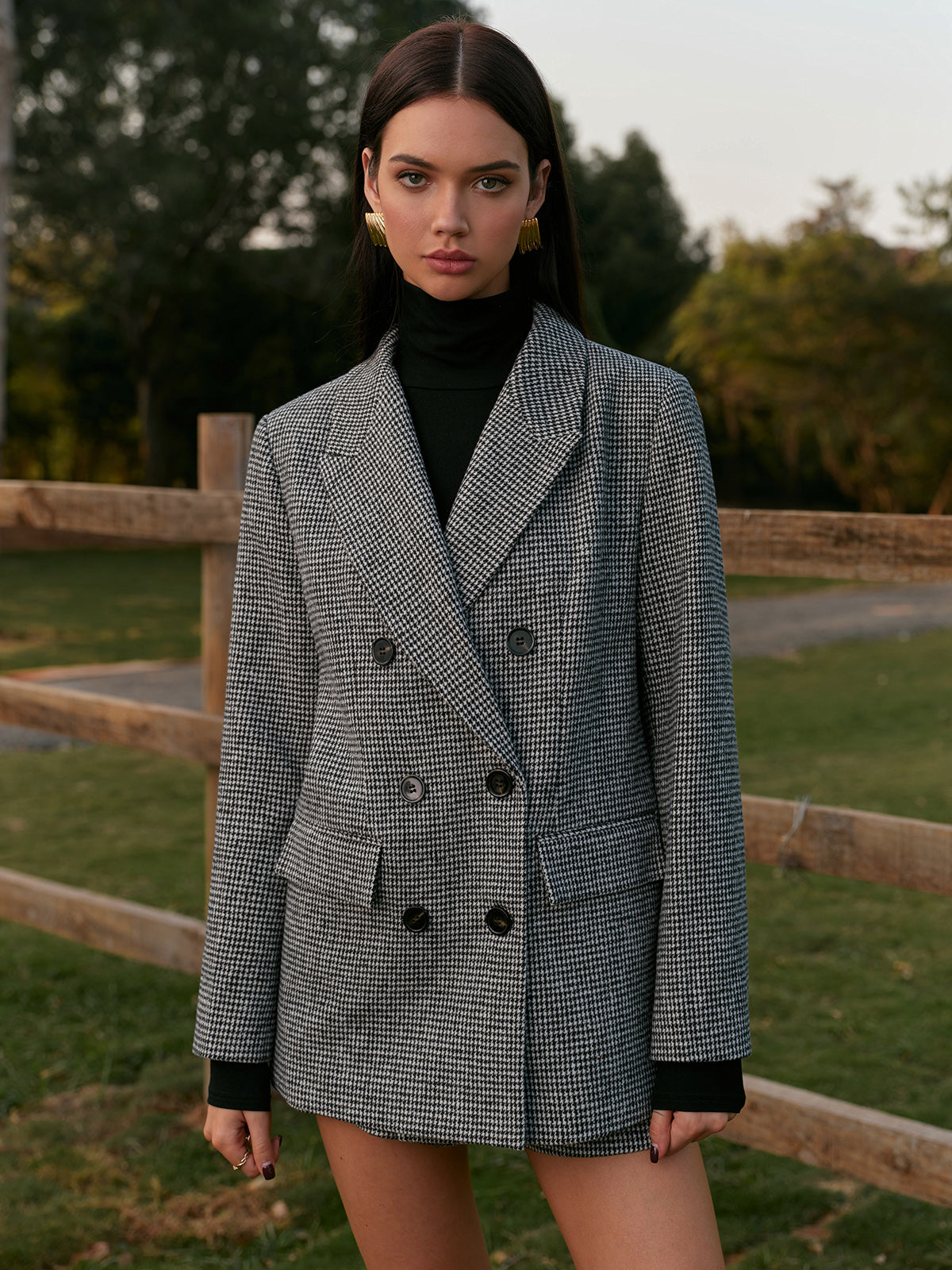 Houndstooth knoop tweed blazer