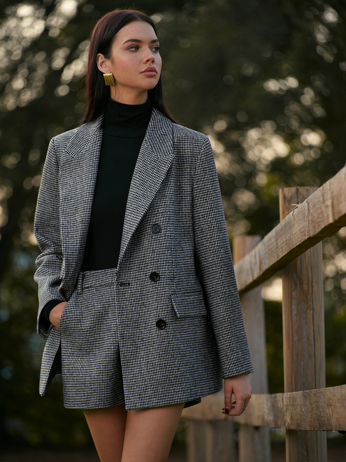 Houndstooth knoop tweed blazer