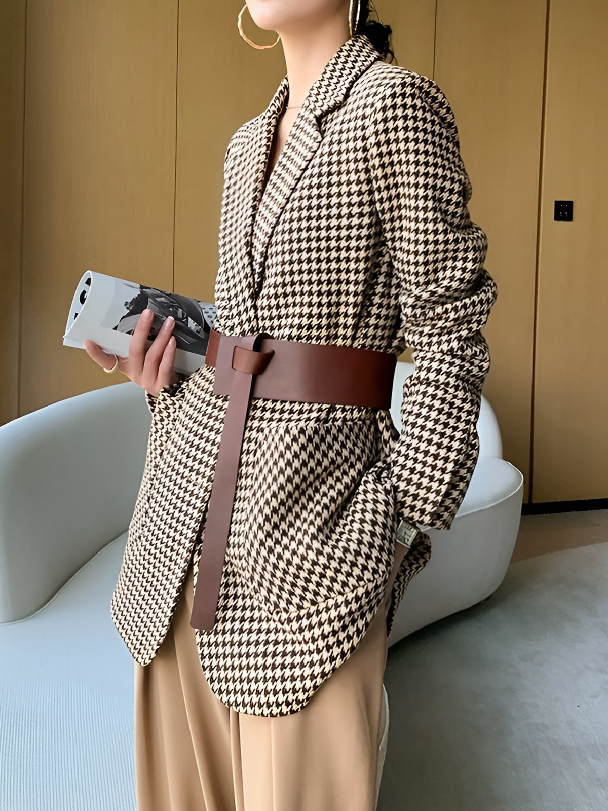 Hahnentritt geteiltes Blazer mit Gürtel