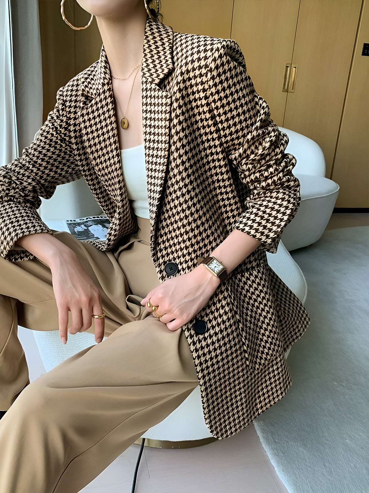 Hahnentritt geteiltes Blazer mit Gürtel
