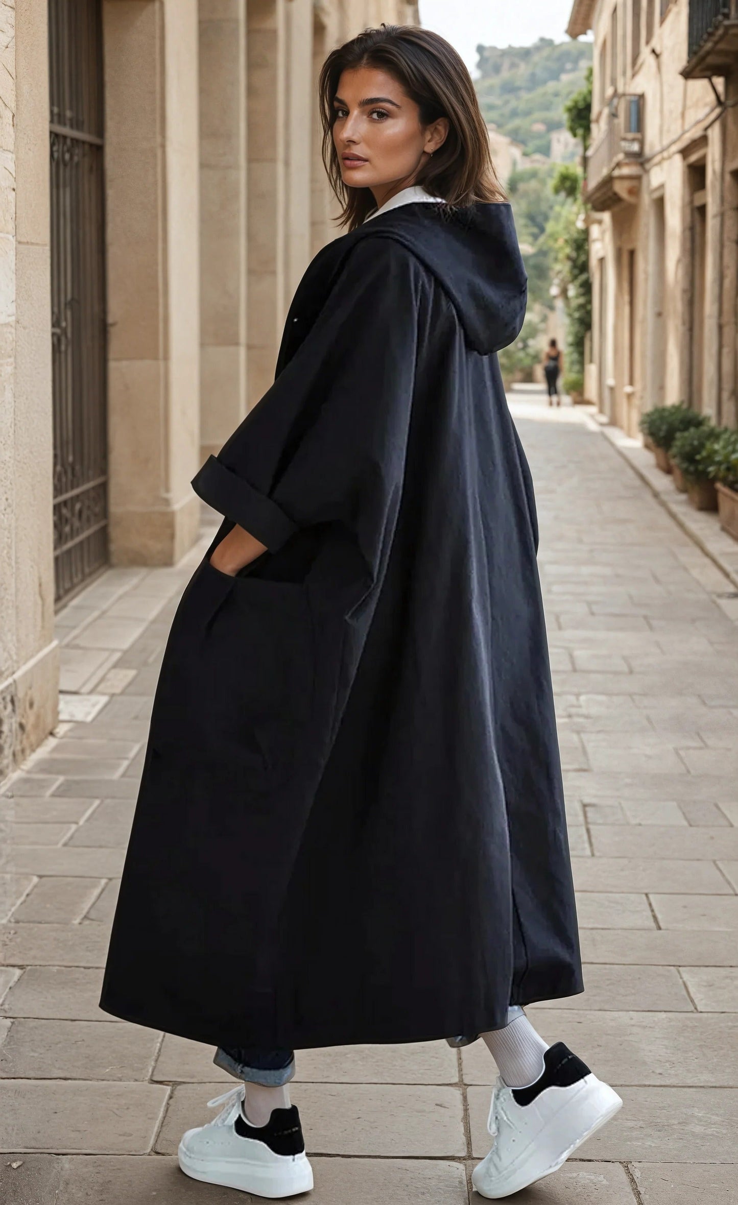 Trench-coat long à capuche pour femme