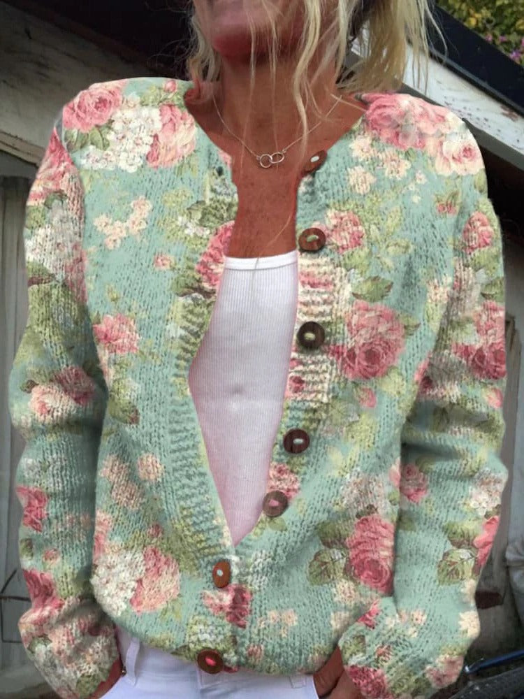 Button-front floral cardigan