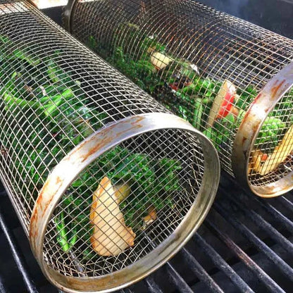 Rolling Barbecue Grill Basket – Locking Latch & Rotating Design for Grilled Veggies & Meat