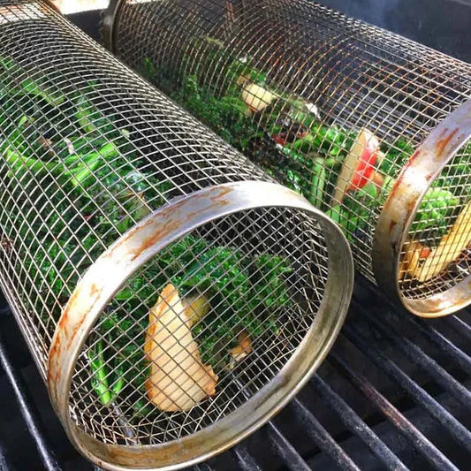 Rolling Barbecue Grill Basket – Locking Latch & Rotating Design for Grilled Veggies & Meat