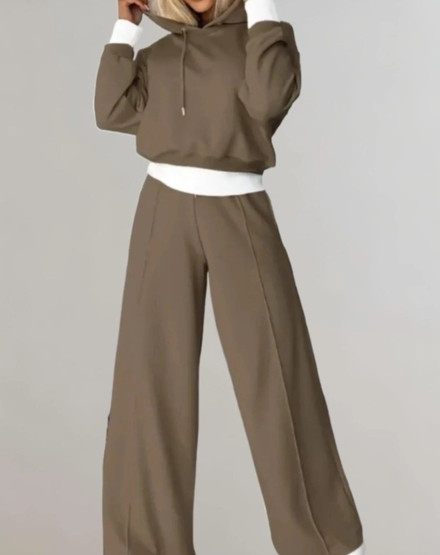 2-piece set: two-tone cropped hoodie and adjustable waist jogging pants
