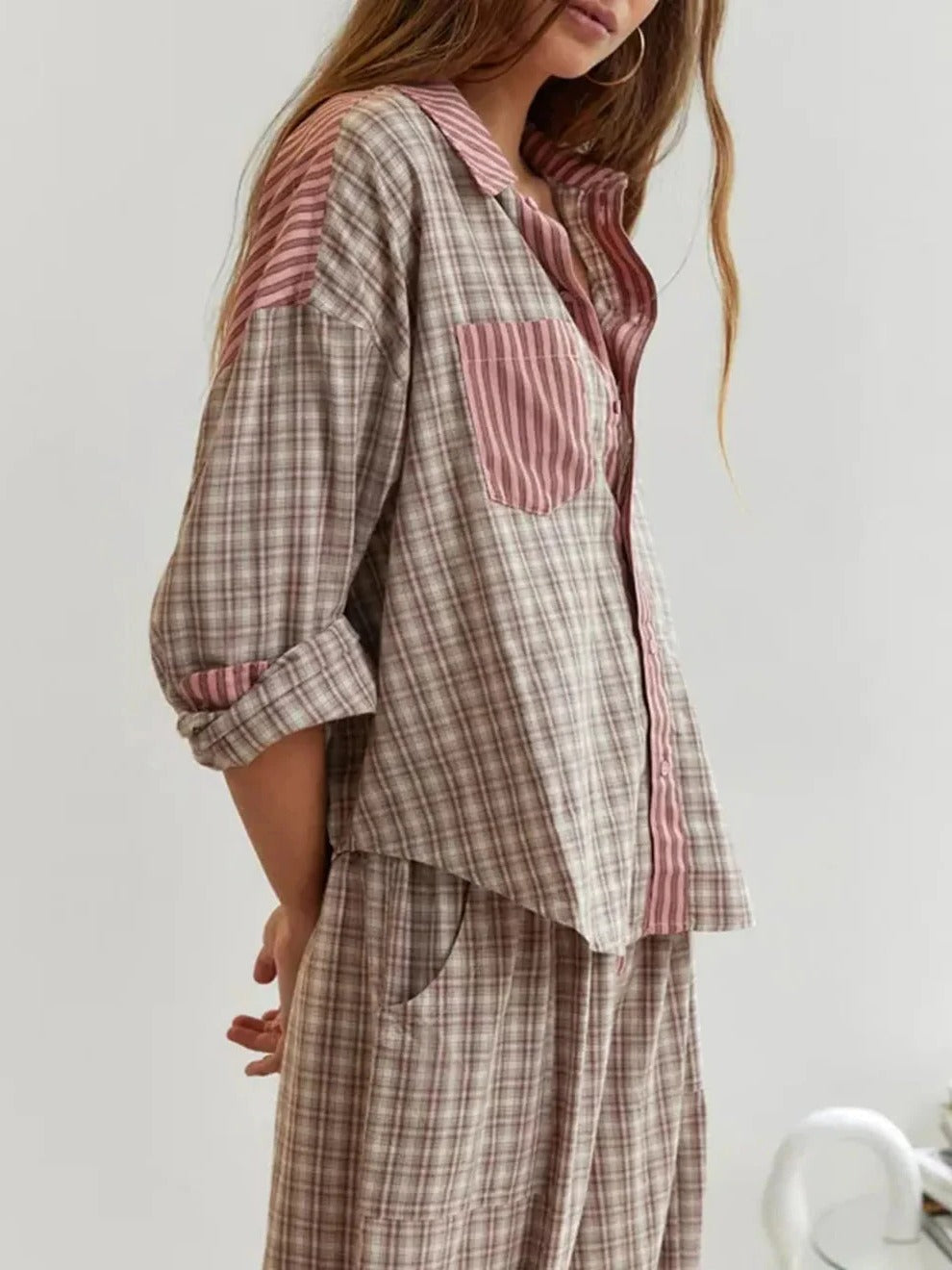 Ladies two piece pyjama set with checked pattern