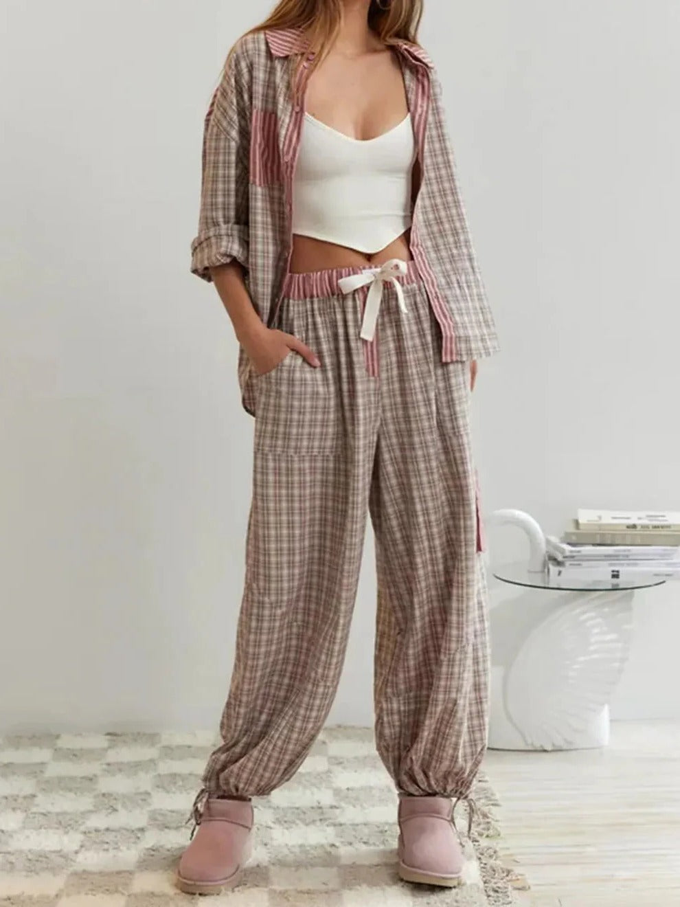Ladies two piece pyjama set with checked pattern