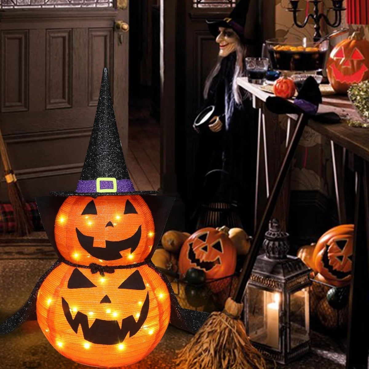 Halloween Pumpkins 3 ft 2 Pack, Lighted Pumpkin Decorations with Hat and Cape, Collapsible Giant Pumpkin Halloween Decorations Outdoor – Ventayo