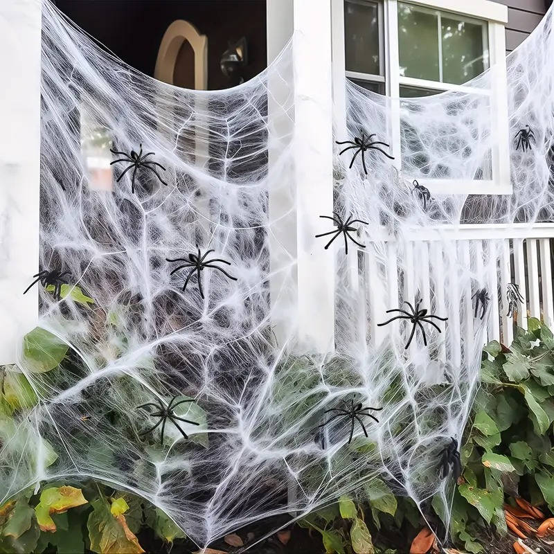 Spider Webs with Spiders 200 sq ft, Giant Spider Web Halloween Door Decoration, Halloween Party Decor with Fake Spiders – Ventayo